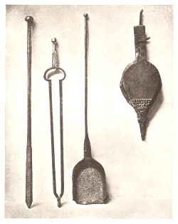 poker, tongs, long-handled shovel, bellows